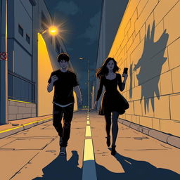 A young man and a young woman, each holding a phone in their hand, walk in opposite directions on a street at night