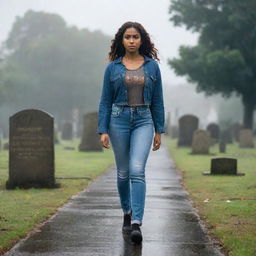 A confident, thick, brown-skinned girl is striding through a rainy graveyard, wearing fitting jeans and top. A sign displaying '9 City' stands ominously in the background.