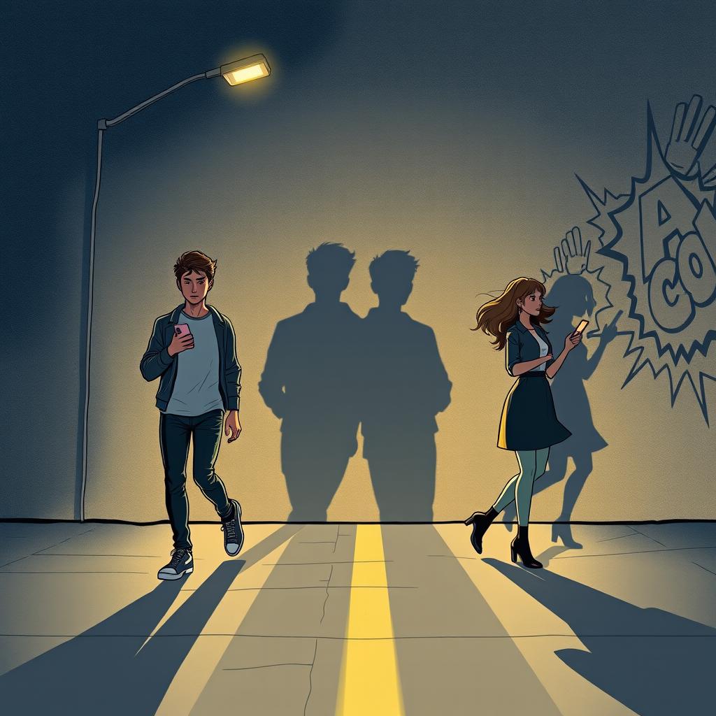 A young man and a young woman, each holding a phone in their hand, walk in opposite directions on a nighttime street