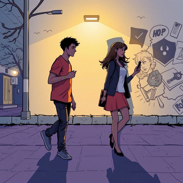 A young man and a young woman, each holding a phone in their hand, walk in opposite directions on a nighttime street