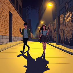 A young man and a young woman, each holding a phone in their hand, walk in opposite directions on a nighttime street