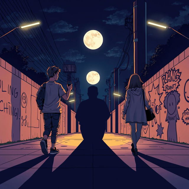 A young man and woman, each holding a phone in their hand, walk in opposite directions down a moonlit street at night