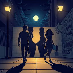 A young man and woman, each holding a phone in their hand, walk in opposite directions down a moonlit street at night