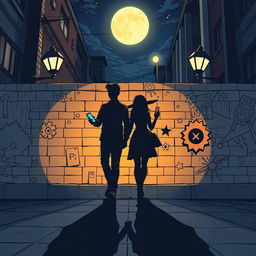 A young man and woman, each holding a phone in their hand, walk in opposite directions down a moonlit street at night