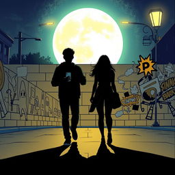 A young man and woman, each holding a phone in their hand, walk in opposite directions down a moonlit street at night