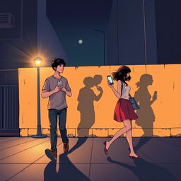 A young man and a young woman, each holding a phone in their hand, walk in opposite directions on a street at night