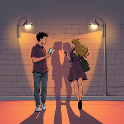 A young man and a young woman, each holding a phone in their hand, walk in opposite directions on a street at night