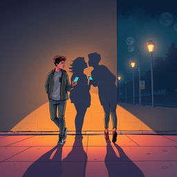 A young man and a young woman, each holding a phone in their hand, walk in opposite directions on a street at night