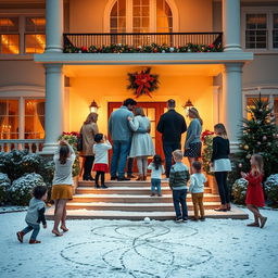 A large house in Florida, beautifully decorated for Christmas with a dusting of snow covering the ground