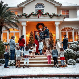 A large house in Florida, beautifully decorated for Christmas with a dusting of snow covering the ground