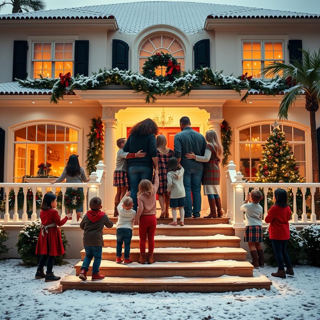 A large house in Florida, beautifully decorated for Christmas with a dusting of snow covering the ground