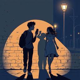 A young man and a young woman, both holding a phone in their hand, walk in opposite directions on a nighttime street