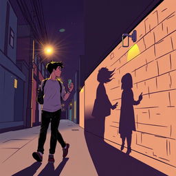 A young man and a young woman, both holding a phone in their hand, walk in opposite directions on a nighttime street