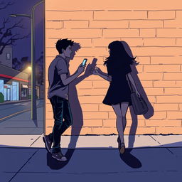 A young man and a young woman, both holding a phone in their hand, walk in opposite directions on a nighttime street