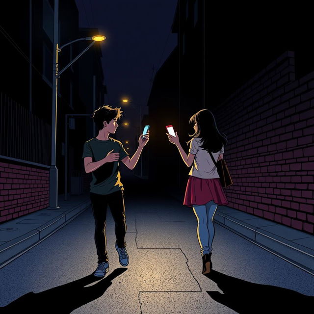 A young man and young woman, both holding a phone in their hands, walk in opposite directions along a dark, nighttime street