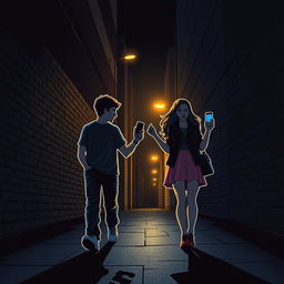 A young man and young woman, both holding a phone in their hands, walk in opposite directions along a dark, nighttime street