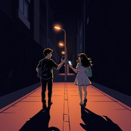 A young man and young woman, both holding a phone in their hands, walk in opposite directions along a dark, nighttime street