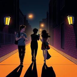 A young man and young woman, both holding a phone in their hands, walk in opposite directions along a dark, nighttime street