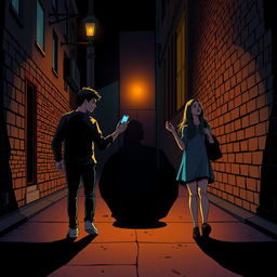 A young man and young woman, both holding a phone in their hands, walk in opposite directions along a dark, nighttime street