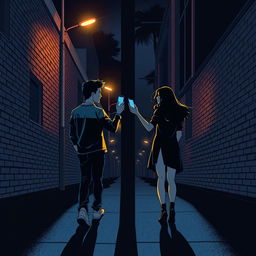 A young man and young woman, both holding a phone in their hands, walk in opposite directions along a dark, nighttime street