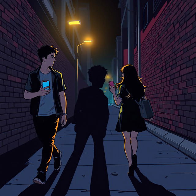 A young man and young woman, both holding a phone in their hands, walk in opposite directions along a dark, nighttime street