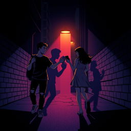 A young man and young woman, both holding a phone in their hands, walk in opposite directions along a dark, nighttime street