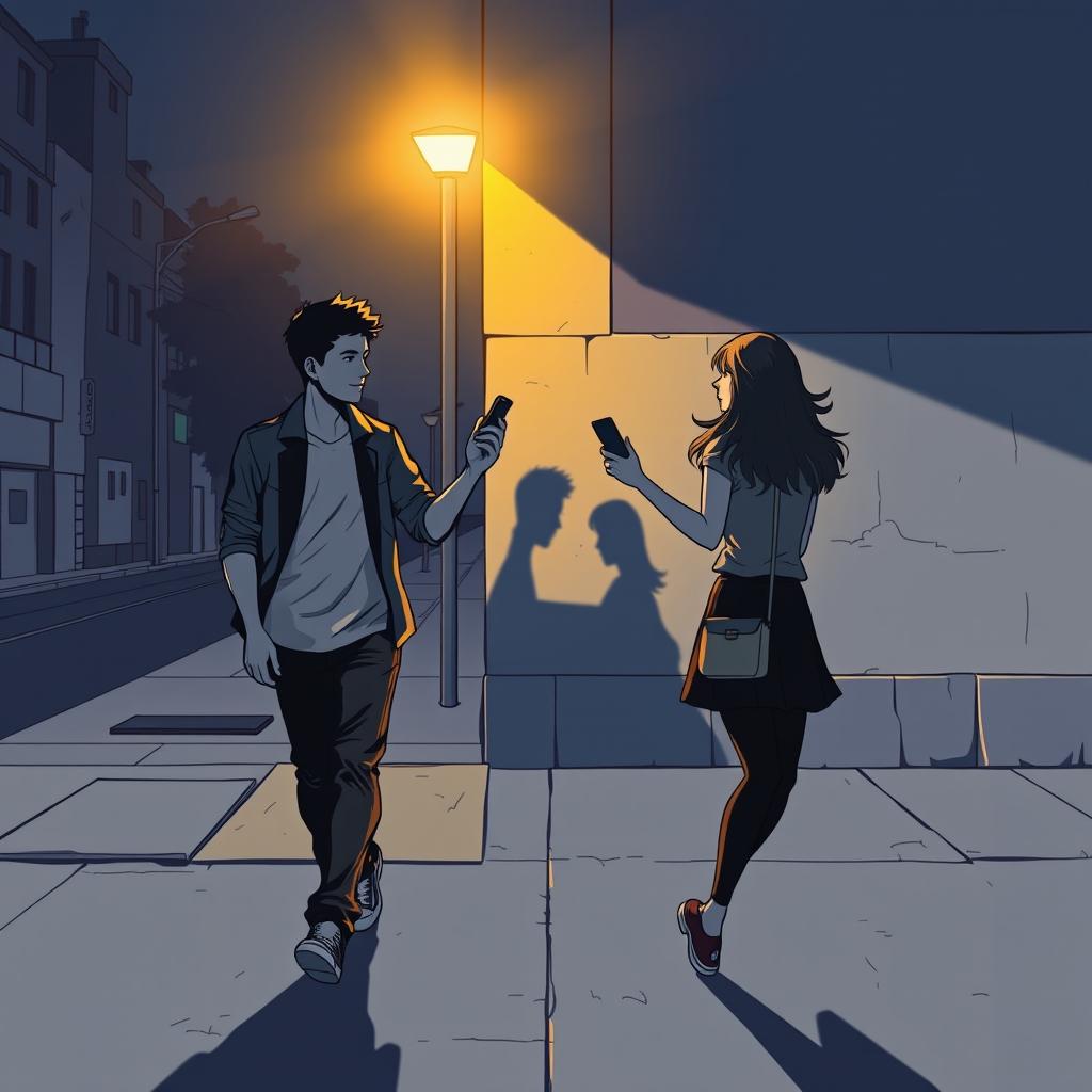 A young man and a young woman, both holding a phone in their hands, walk in opposite directions along a nighttime street