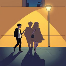 A young man and a young woman, both holding a phone in their hands, walk in opposite directions along a nighttime street