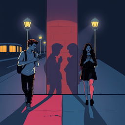 A young man and a young woman, both holding a phone in their hands, walk in opposite directions along a nighttime street