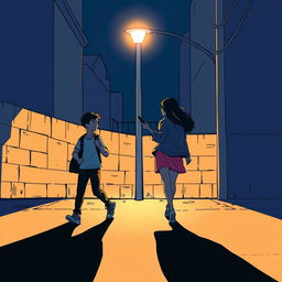 A young man and a young woman, both holding a phone in their hands, walk in opposite directions along a nighttime street