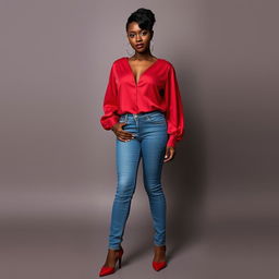 Full body image of a 30-year-old woman with dark skin and honey-colored eyes