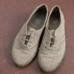 A pair of simple, worn-out shoes with a price tag indicating they are worth one dollar