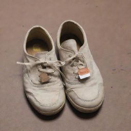 A pair of simple, worn-out shoes with a price tag indicating they are worth one dollar