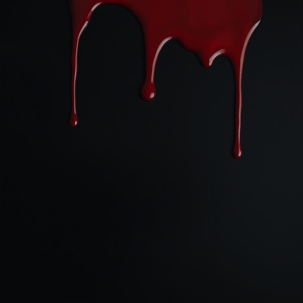 matte dark red poison dripping from the top left corner onto a black background, creating an eerie and ominous effect with a non-reflective, silky texture