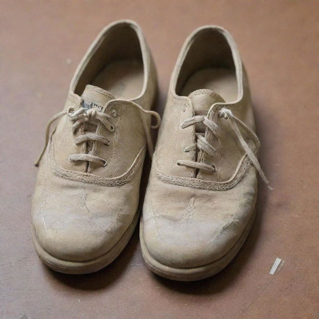 A pair of simple, worn-out shoes with a price tag indicating they are worth one dollar