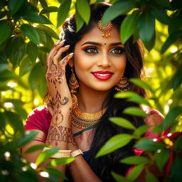 beautiful Tamil woman posing elegantly, surrounded by lush green foliage, gentle warm sunlight filtering through the leaves, soft expressions, serene and peaceful environment, focusing on natural beauty and cultural heritage, with intricate henna designs on her hands and decorative traditional jewelry enhancing her look