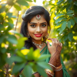 beautiful Tamil woman posing elegantly, surrounded by lush green foliage, gentle warm sunlight filtering through the leaves, soft expressions, serene and peaceful environment, focusing on natural beauty and cultural heritage, with intricate henna designs on her hands and decorative traditional jewelry enhancing her look