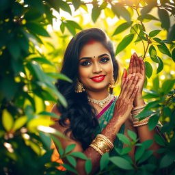 beautiful Tamil woman posing elegantly, surrounded by lush green foliage, gentle warm sunlight filtering through the leaves, soft expressions, serene and peaceful environment, focusing on natural beauty and cultural heritage, with intricate henna designs on her hands and decorative traditional jewelry enhancing her look