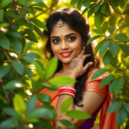 beautiful Tamil woman posing elegantly, surrounded by lush green foliage, gentle warm sunlight filtering through the leaves, soft expressions, serene and peaceful environment, focusing on natural beauty and cultural heritage, with intricate henna designs on her hands and decorative traditional jewelry enhancing her look