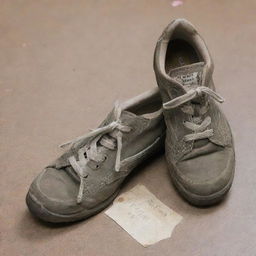 A pair of simple, worn-out shoes with a price tag indicating they are worth one dollar