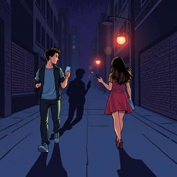 A young man and a young woman, both holding a phone in their hands, are walking in opposite directions along a dark nighttime street