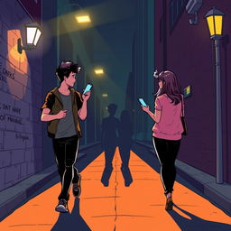 A young man and a young woman, both holding a phone in their hands, are walking in opposite directions along a dark nighttime street