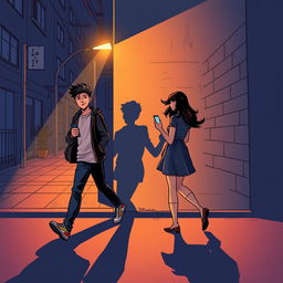 A young man and a young woman, both holding a phone in their hands, are walking in opposite directions along a dark nighttime street