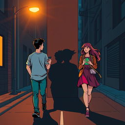 A young man and a young woman, both holding a phone in their hands, are walking in opposite directions along a dark nighttime street