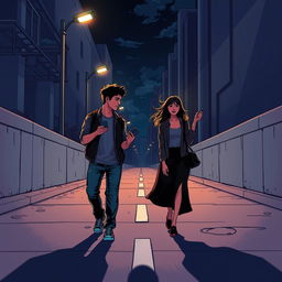 A young man and a young woman, both with phones in hand, walking in opposite directions on a nighttime street