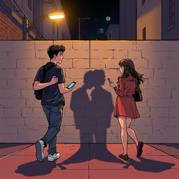 A young man and a young woman, both with phones in hand, walking in opposite directions on a nighttime street