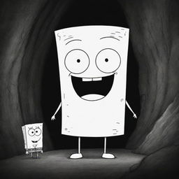 Doodlebob from SpongeBob SquarePants, sketched in a dark, mysterious cave, flanked on one side by a winged anime boy with striking white hair.