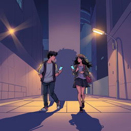 A young man and a young woman, both with phones in hand, walking in opposite directions on a nighttime street