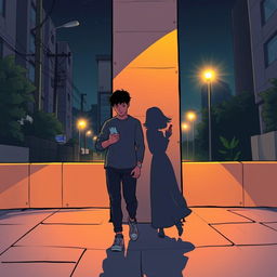 A young man and a young woman, both with phones in hand, walking in opposite directions on a nighttime street