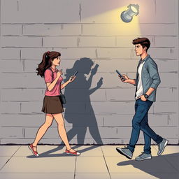 A young man walking to the right and a young woman walking to the left, both holding a phone in their hands